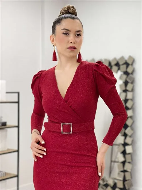 Red Curve-Collared Belted Dress - Elegant and Detailed
