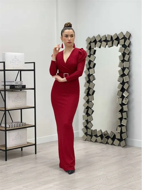 Red Curve-Collared Belted Dress - Elegant and Detailed