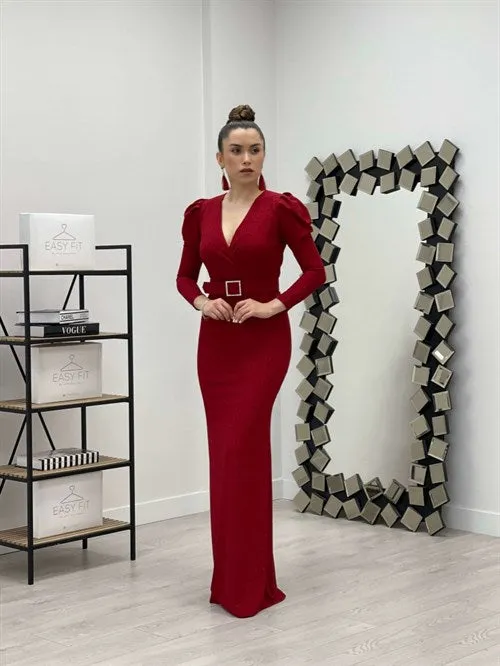 Red Curve-Collared Belted Dress - Elegant and Detailed