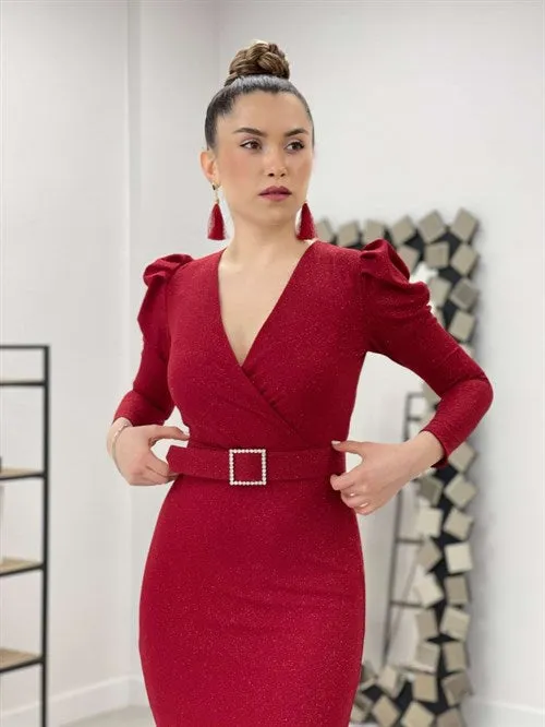 Red Curve-Collared Belted Dress - Elegant and Detailed